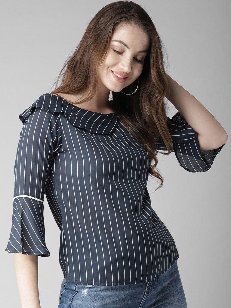 Women Navy Blue & White Striped Top-Tops-StyleQuotient