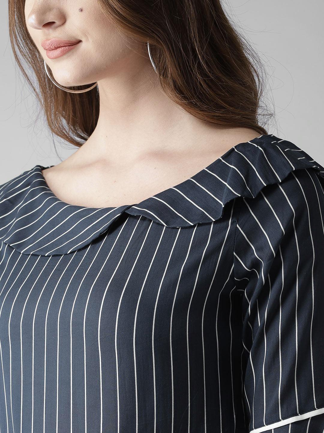 Women Navy Blue & White Striped Top-Tops-StyleQuotient