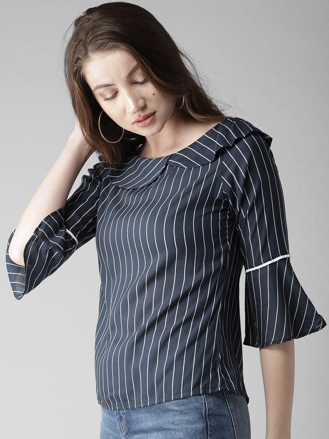 Women Navy Blue & White Striped Top-Tops-StyleQuotient