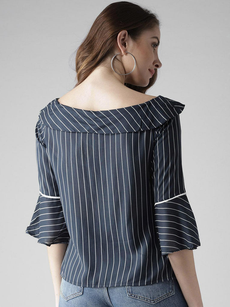 Women Navy Blue & White Striped Top-Tops-StyleQuotient