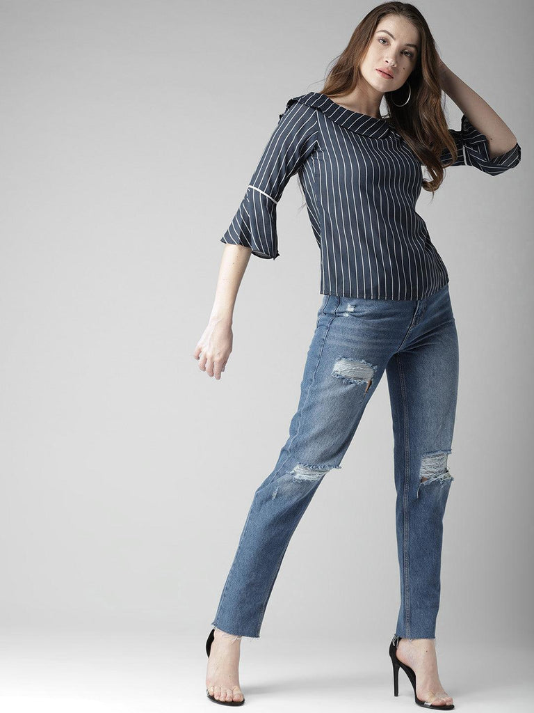 Women Navy Blue & White Striped Top-Tops-StyleQuotient