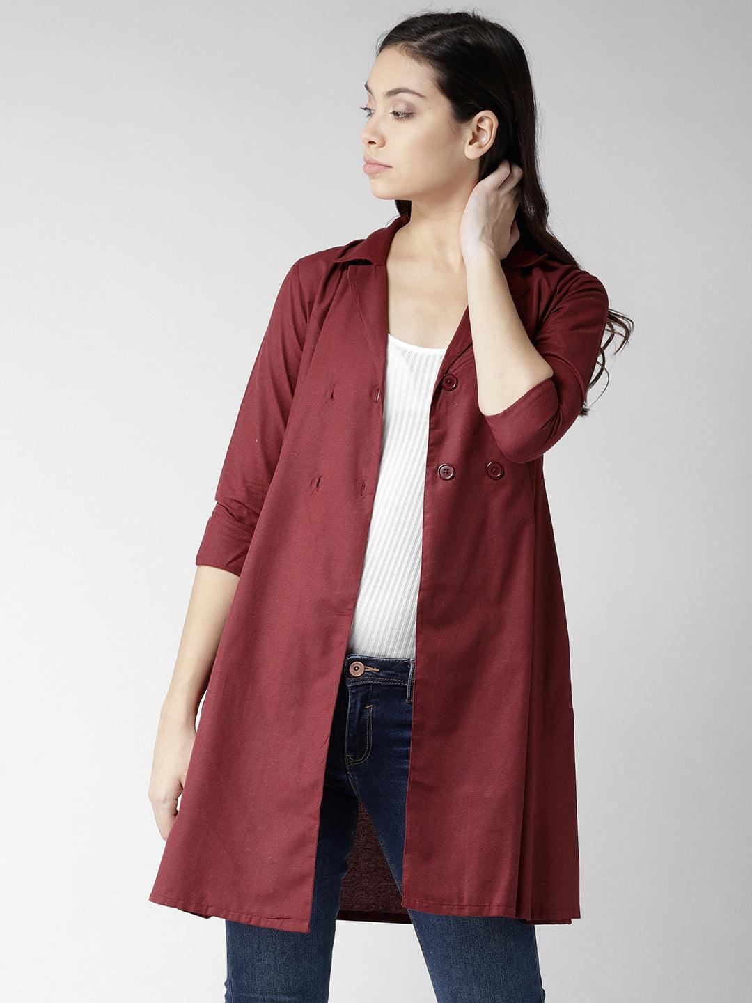 Women Maroon Solid Longline Tailored Jacket-Jackets-StyleQuotient