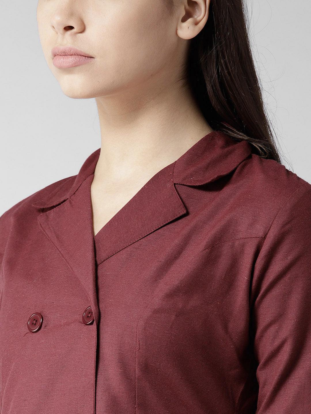 Women Maroon Solid Longline Tailored Jacket-Jackets-StyleQuotient