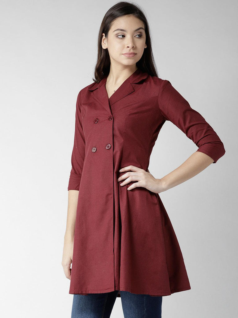 Women Maroon Solid Longline Tailored Jacket-Jackets-StyleQuotient