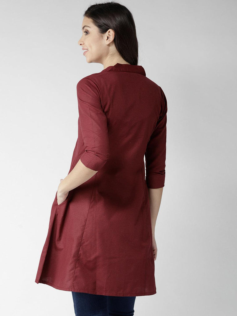 Women Maroon Solid Longline Tailored Jacket-Jackets-StyleQuotient