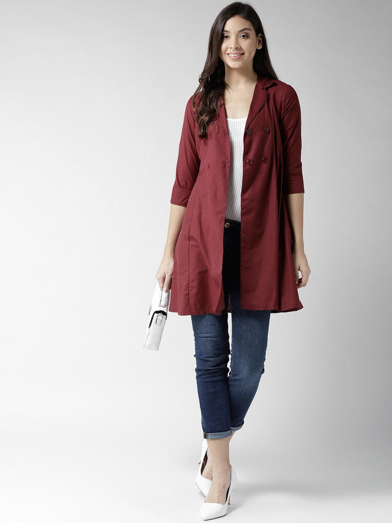 Women Maroon Solid Longline Tailored Jacket-Jackets-StyleQuotient