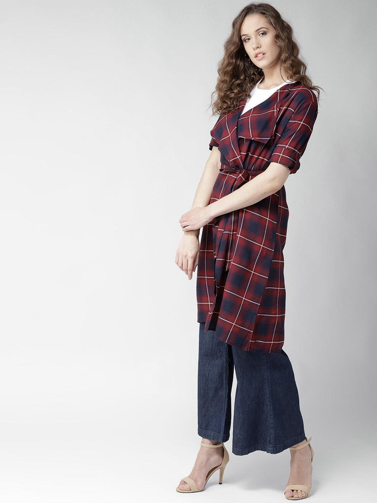 Women Red & Navy Blue Checked Waterfall Longline Shrug-Shrug-StyleQuotient