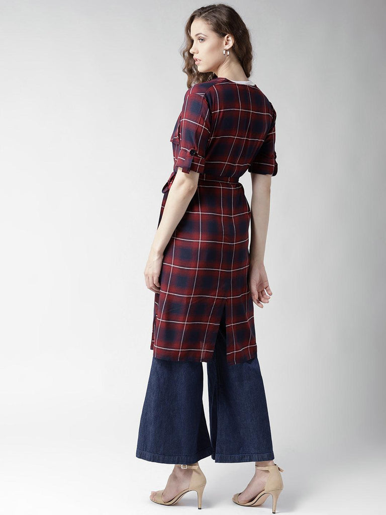 Women Red & Navy Blue Checked Waterfall Longline Shrug-Shrug-StyleQuotient