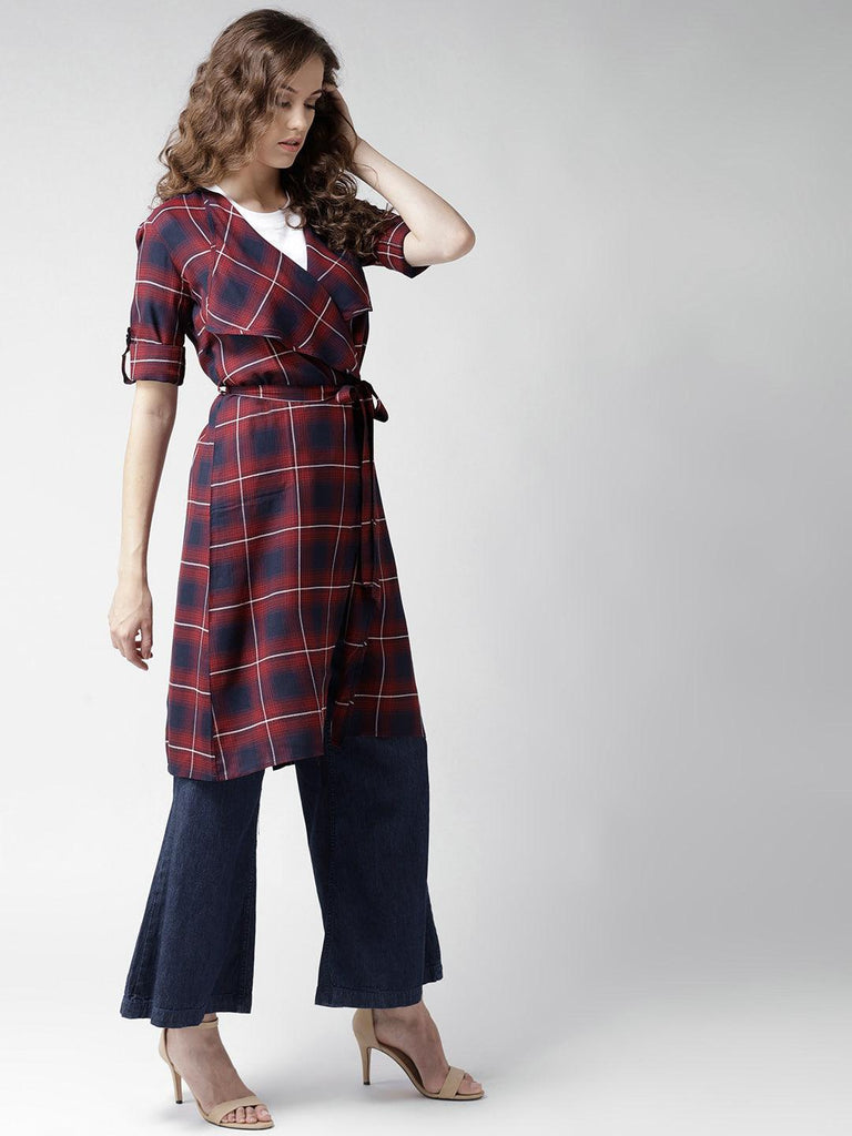 Women Red & Navy Blue Checked Waterfall Longline Shrug-Shrug-StyleQuotient