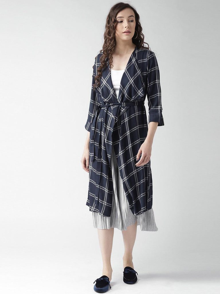 Women Red & Navy Blue Checked Waterfall Longline Shrug-Shrug-StyleQuotient