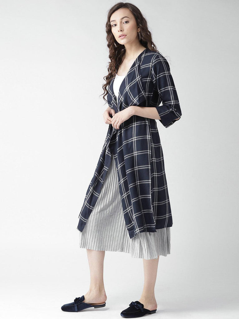 Women Red & Navy Blue Checked Waterfall Longline Shrug-Shrug-StyleQuotient