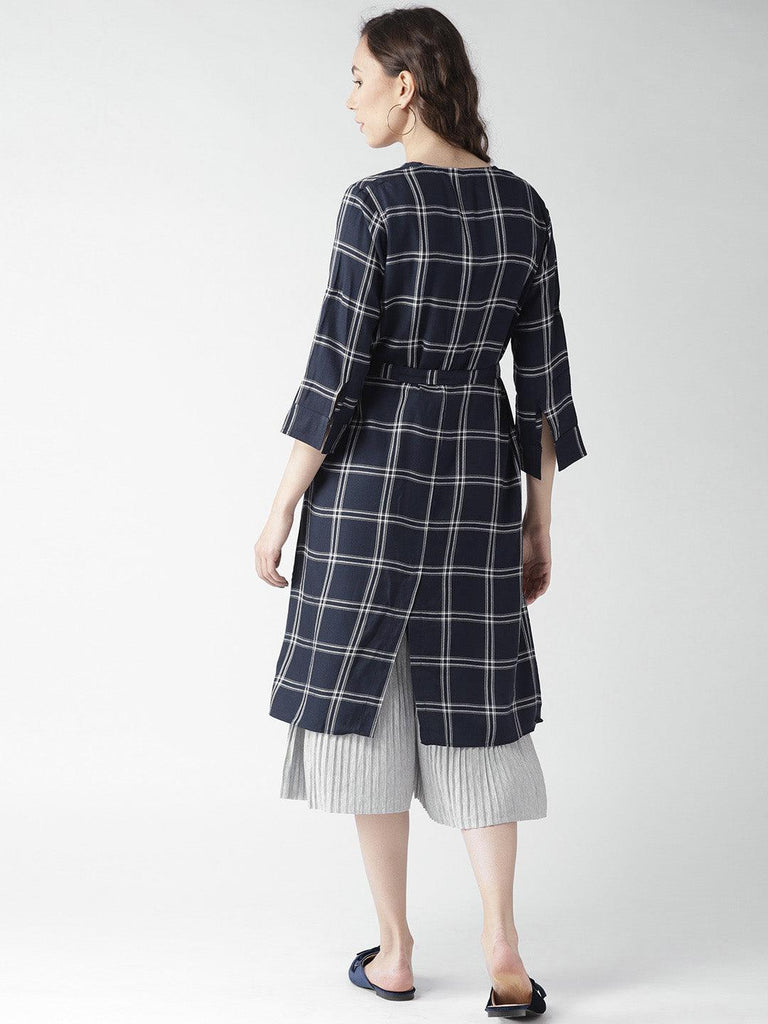 Women Red & Navy Blue Checked Waterfall Longline Shrug-Shrug-StyleQuotient