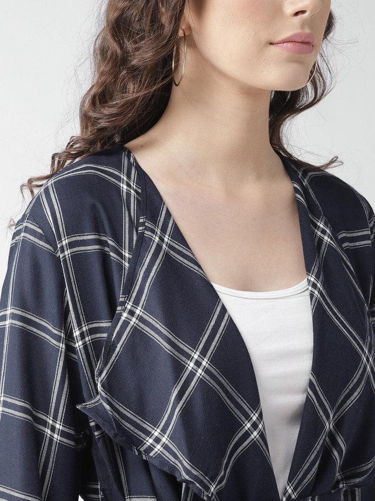 Women Red & Navy Blue Checked Waterfall Longline Shrug-Shrug-StyleQuotient