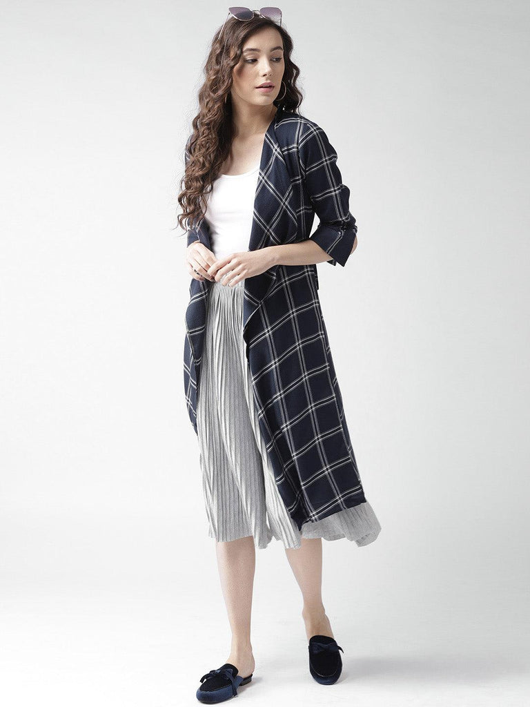 Women Red & Navy Blue Checked Waterfall Longline Shrug-Shrug-StyleQuotient