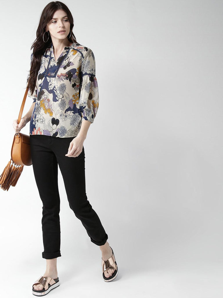 Women Beige & Navy Printed Top-Tops-StyleQuotient