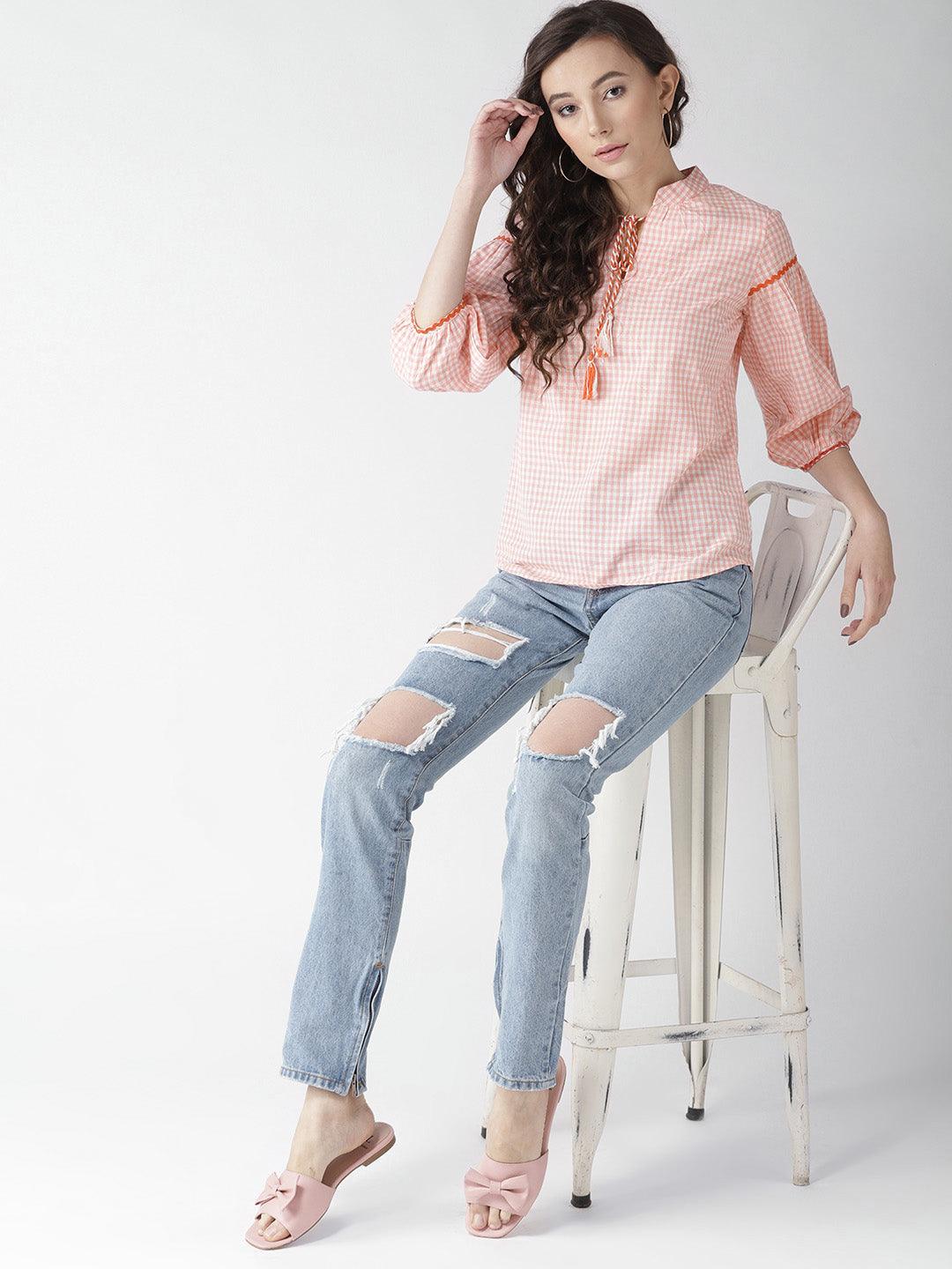 Women Pink & White Checked Top-Tops-StyleQuotient