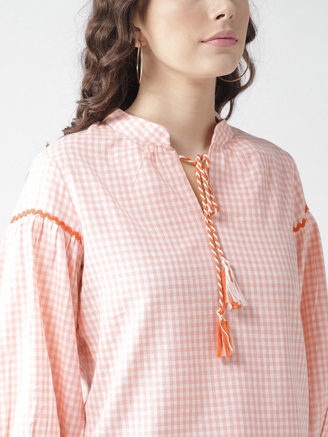 Women Pink & White Checked Top-Tops-StyleQuotient