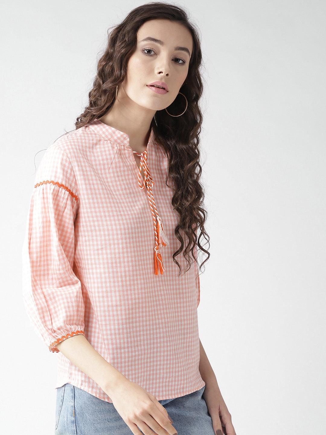 Women Pink & White Checked Top-Tops-StyleQuotient