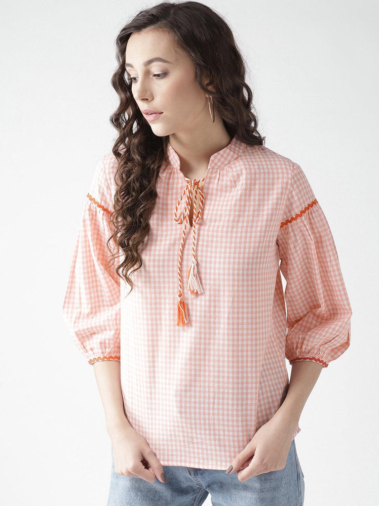 Women Pink & White Checked Top-Tops-StyleQuotient