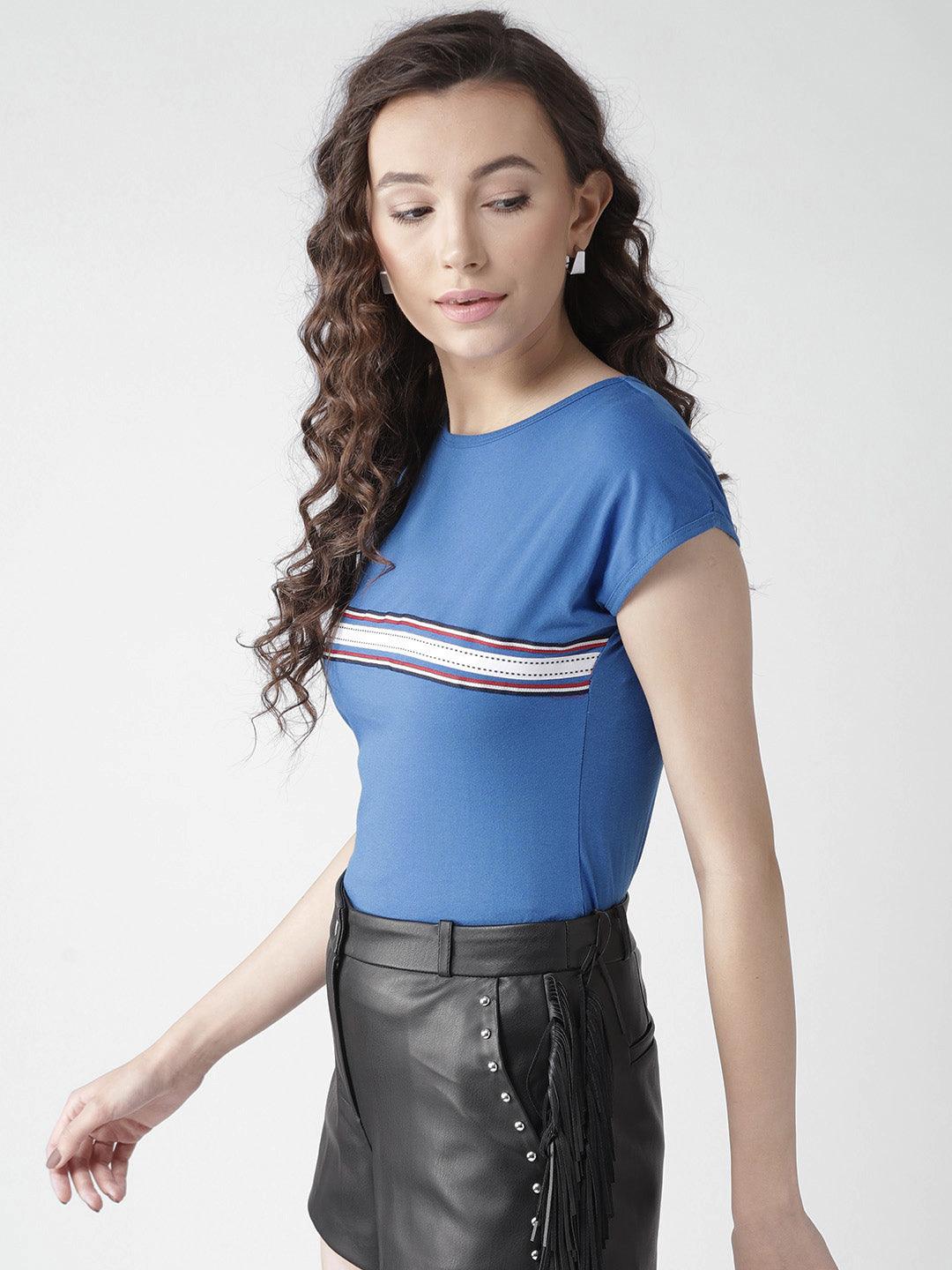 Women Blue Solid Round Neck T-shirt-Tshirt-StyleQuotient