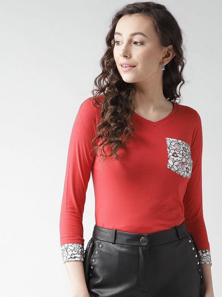Women Red Solid V-Neck T-shirt-Tshirt-StyleQuotient