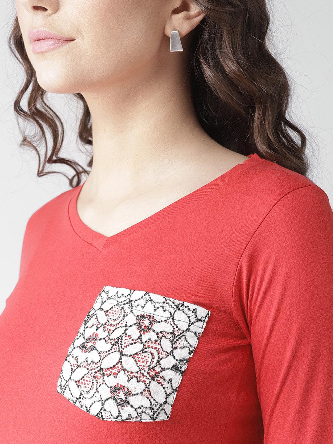 Women Red Solid V-Neck T-shirt-Tshirt-StyleQuotient