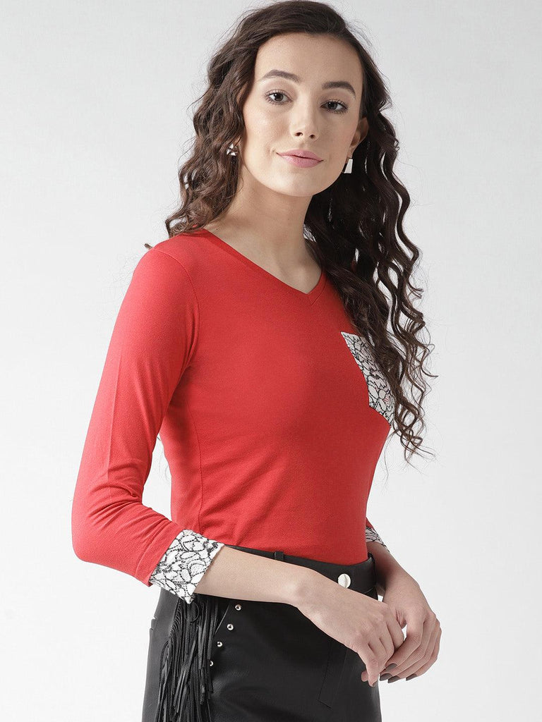 Women Red Solid V-Neck T-shirt-Tshirt-StyleQuotient