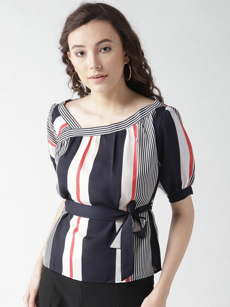 Women Navy & White Striped Top-Tops-StyleQuotient