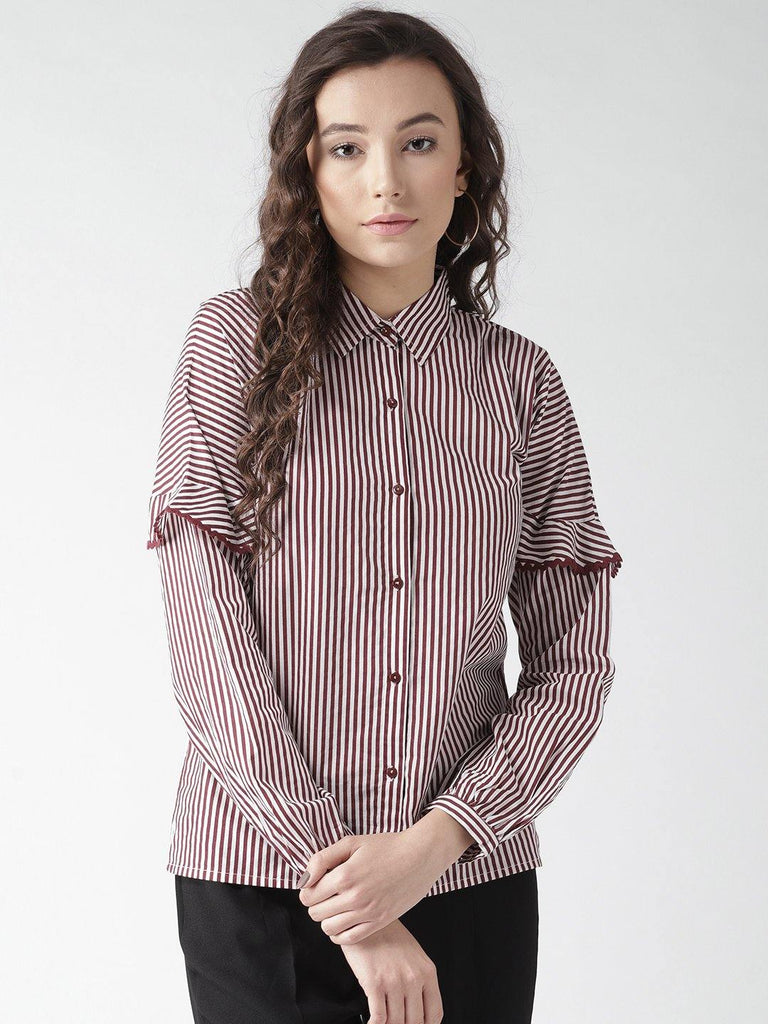 Women Maroon & White Regular Fit Striped Casual Shirt-Shirts-StyleQuotient