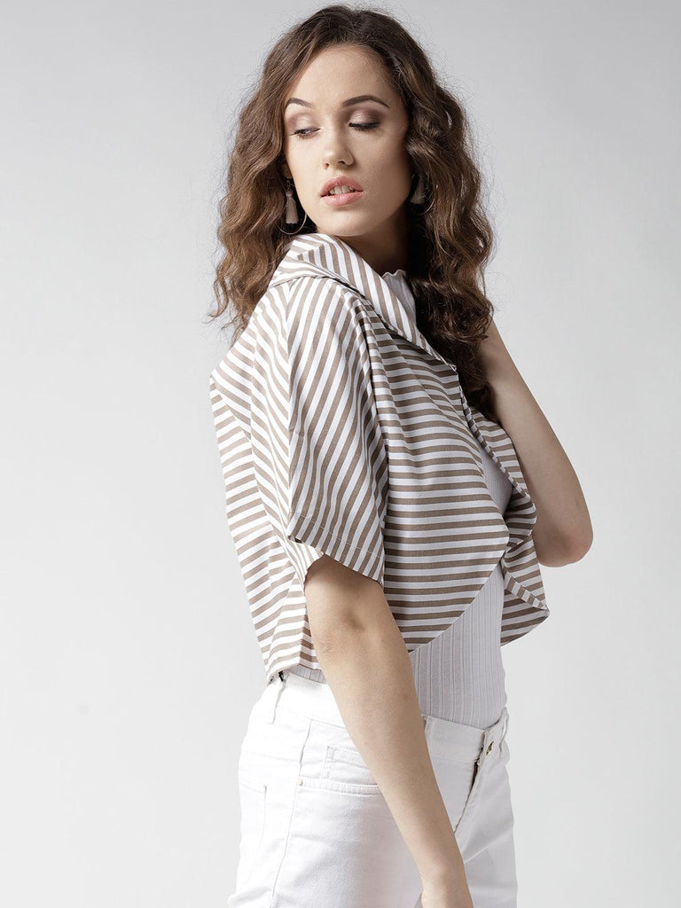 Women White & Beige Striped Open Front Cropped Shrug-Shrug-StyleQuotient