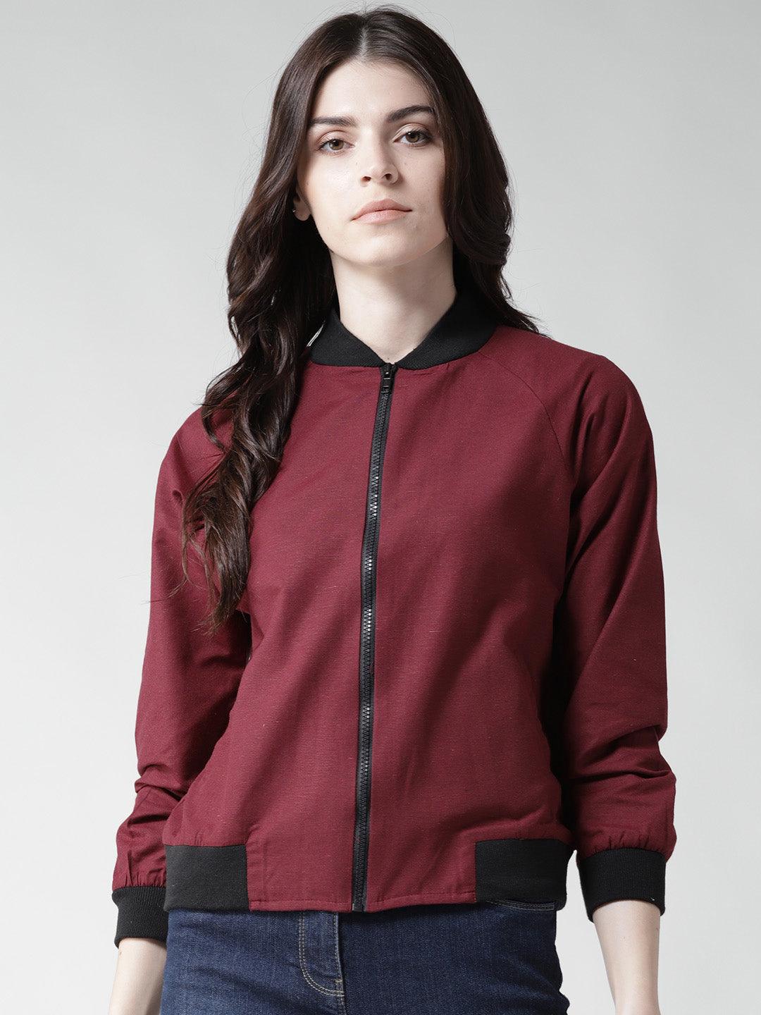 Women Maroon Solid Bomber Jacket-Jackets-StyleQuotient