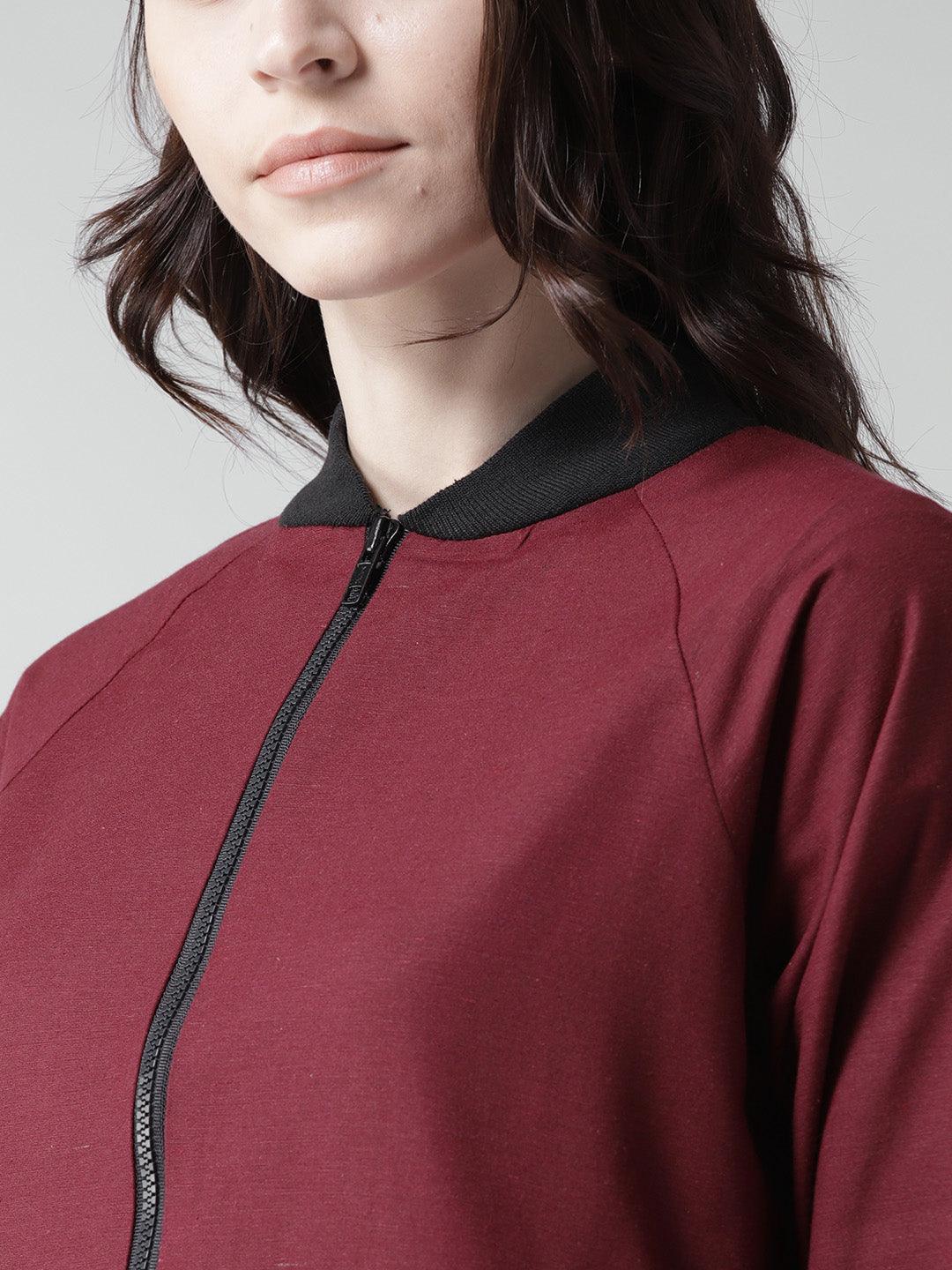 Women Maroon Solid Bomber Jacket-Jackets-StyleQuotient