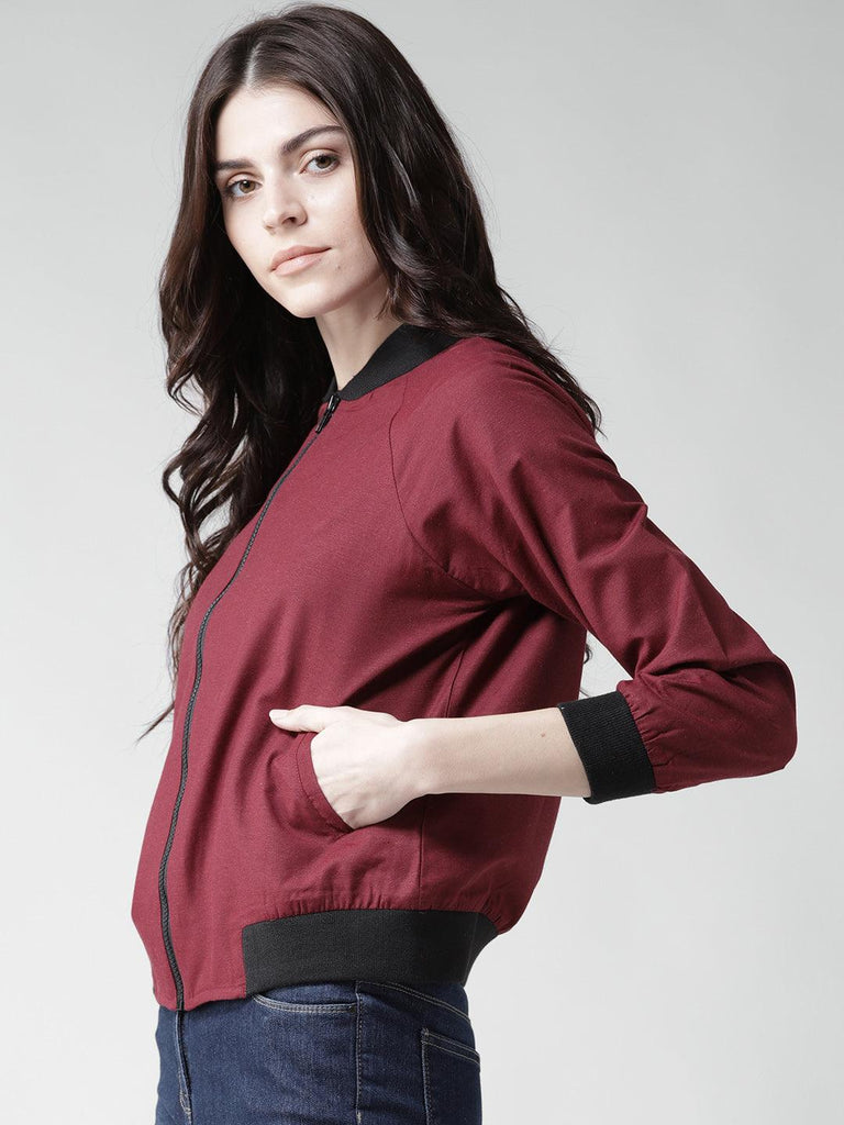 Women Maroon Solid Bomber Jacket-Jackets-StyleQuotient