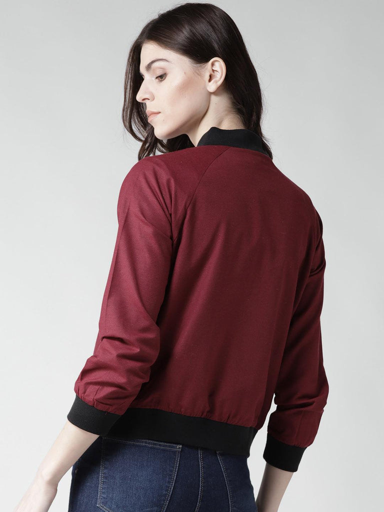 Women Maroon Solid Bomber Jacket-Jackets-StyleQuotient