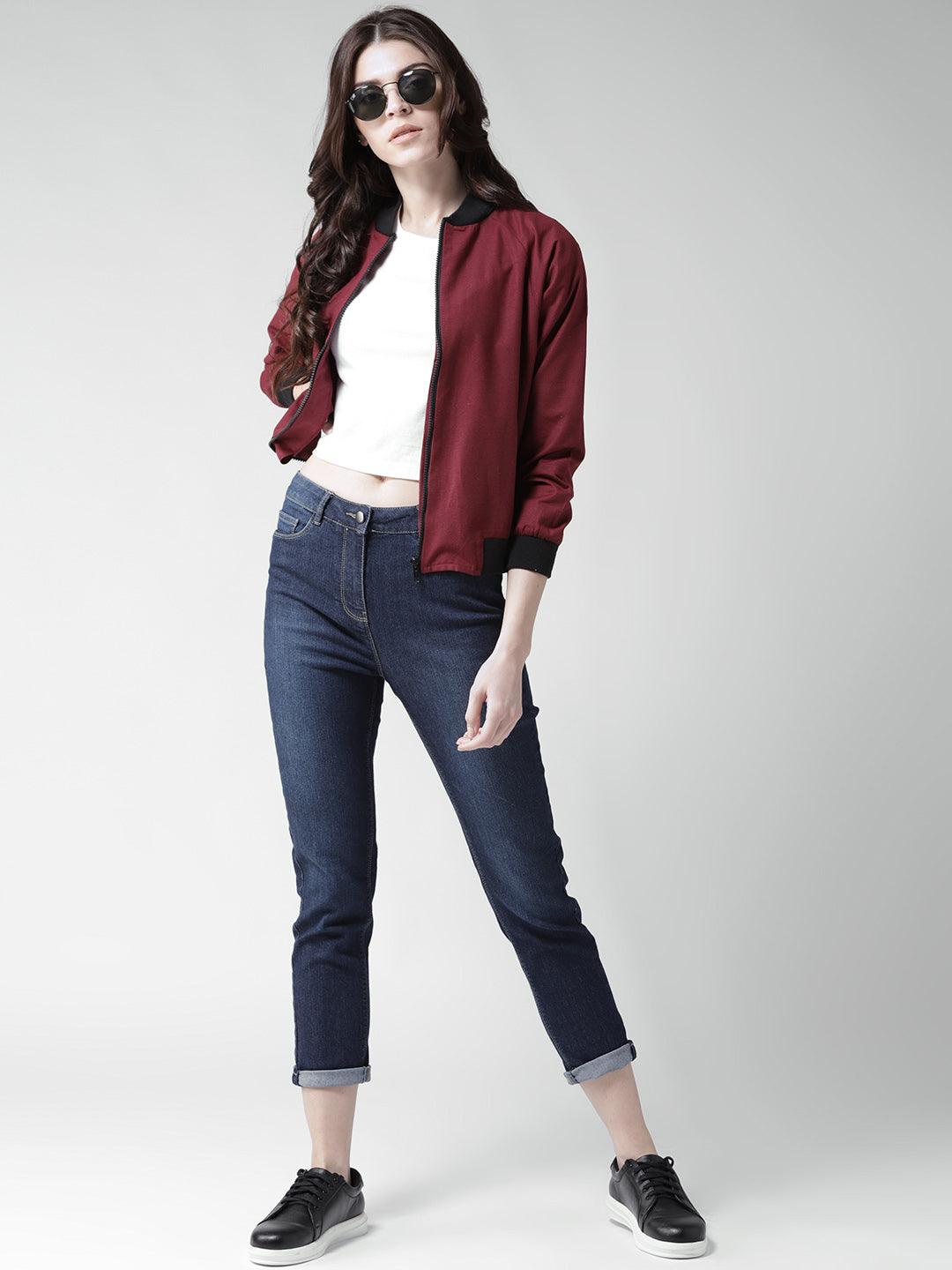 Women Maroon Solid Bomber Jacket-Jackets-StyleQuotient