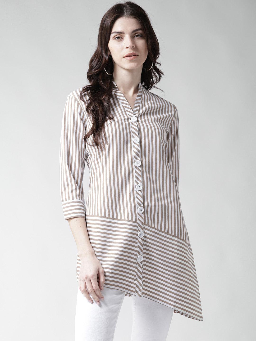 Women White & Beige Contemporary Fit Striped Casual Shirt-Shirts-StyleQuotient