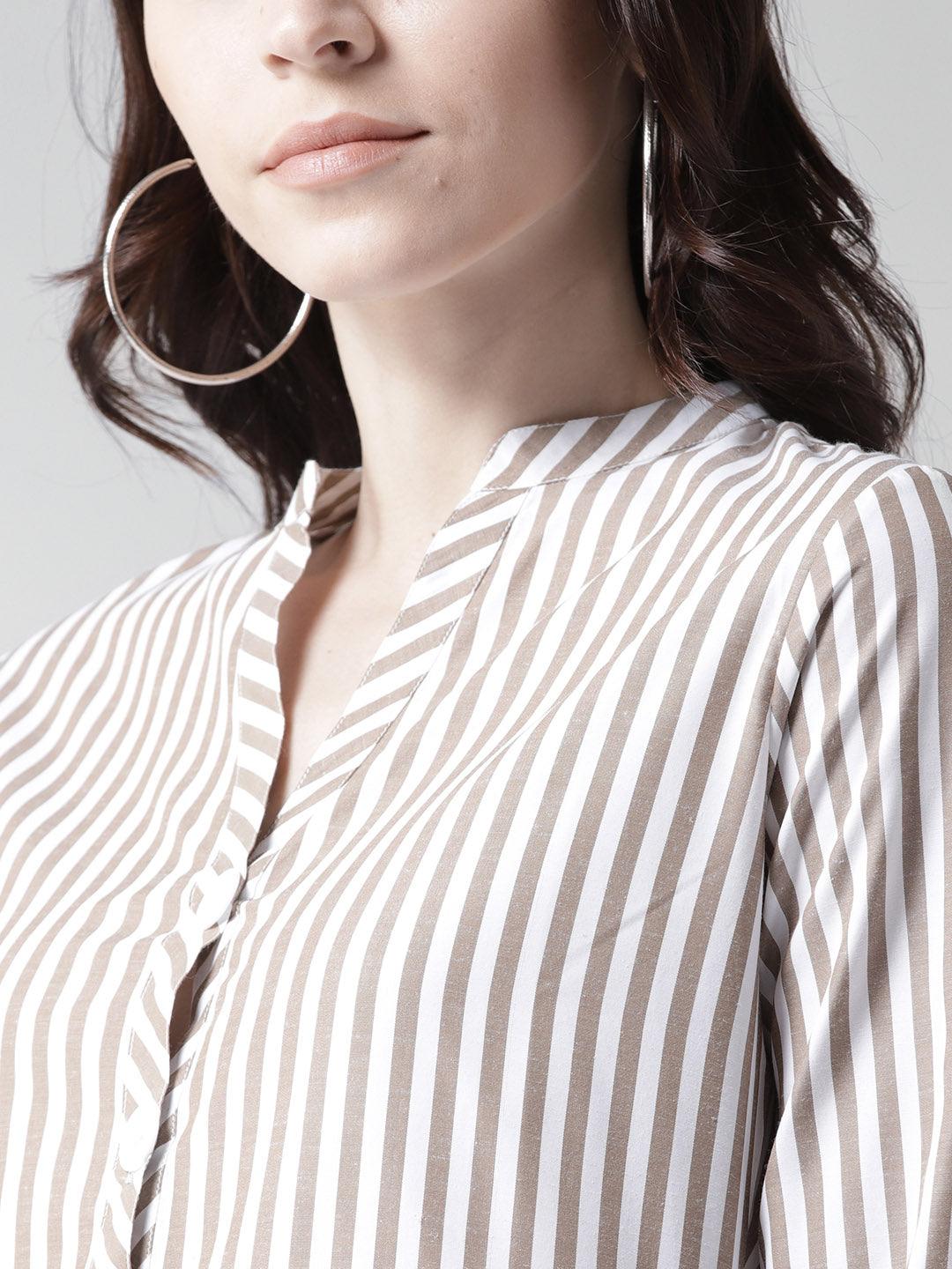 Women White & Beige Contemporary Fit Striped Casual Shirt-Shirts-StyleQuotient