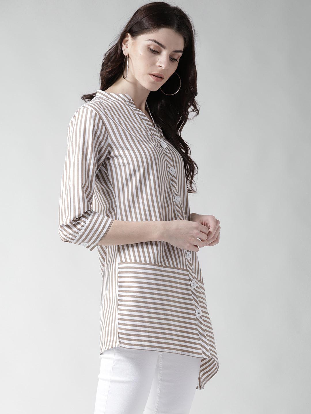 Women White & Beige Contemporary Fit Striped Casual Shirt-Shirts-StyleQuotient