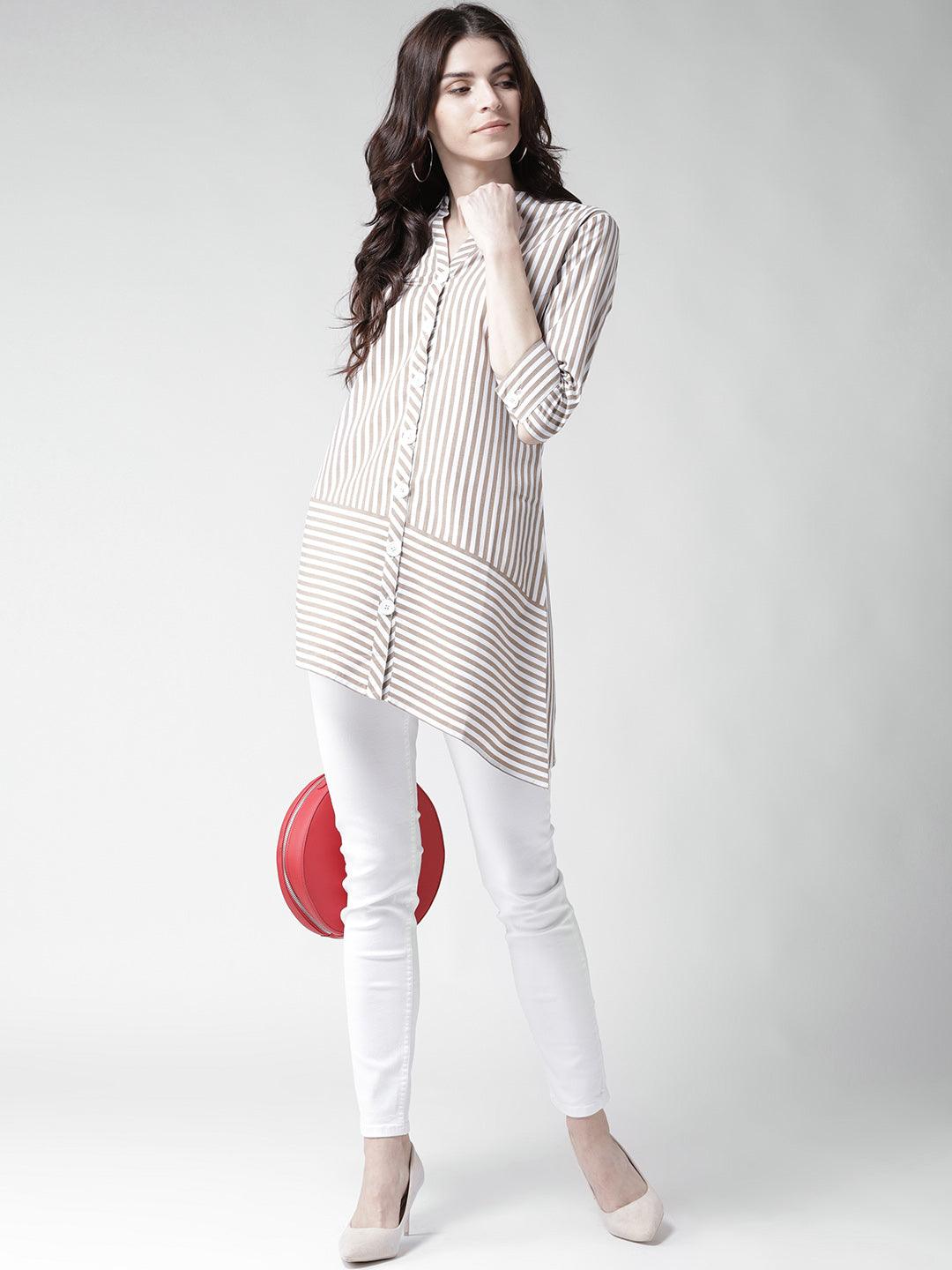 Women White & Beige Contemporary Fit Striped Casual Shirt-Shirts-StyleQuotient