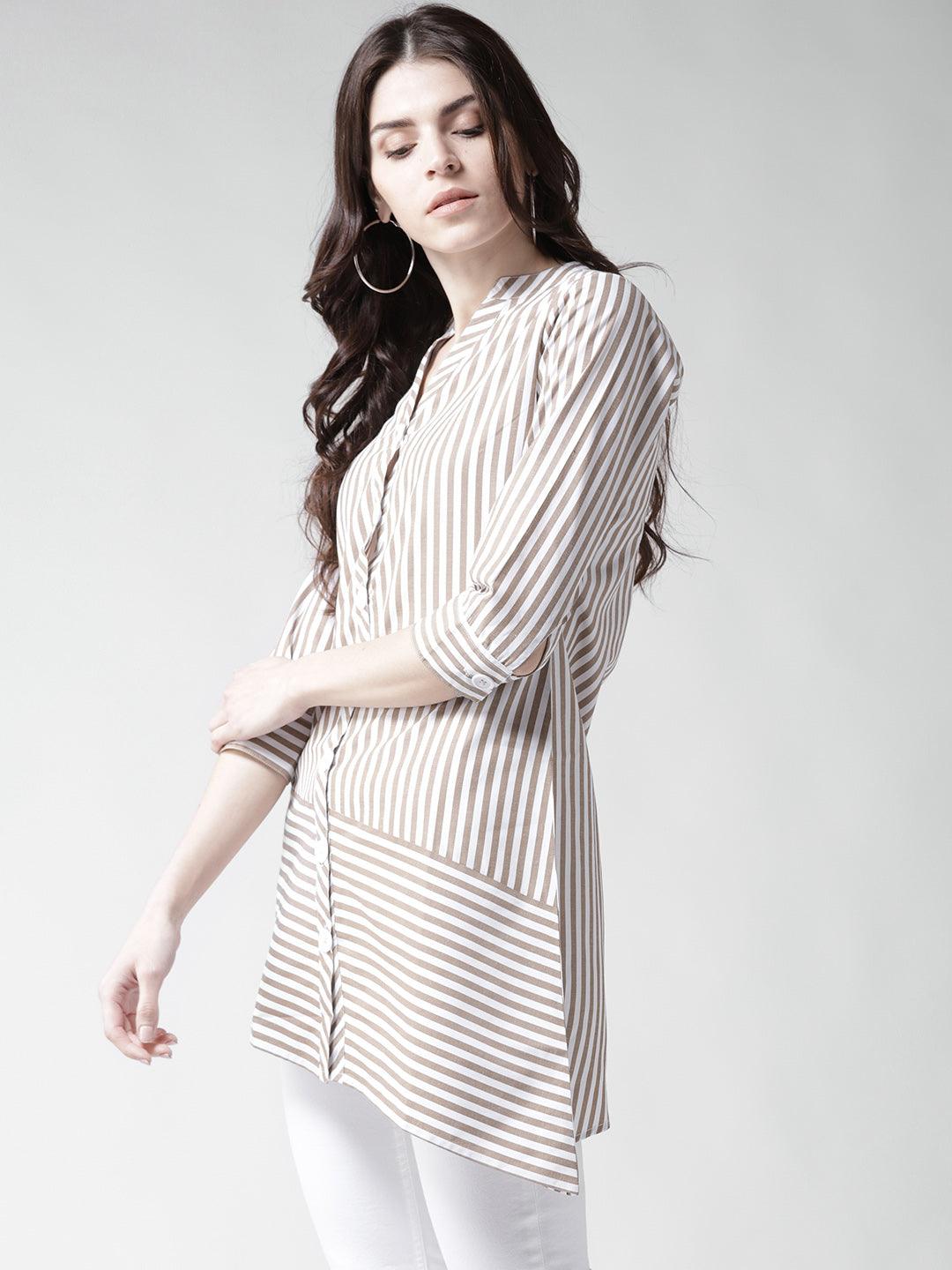 Women White & Beige Contemporary Fit Striped Casual Shirt-Shirts-StyleQuotient