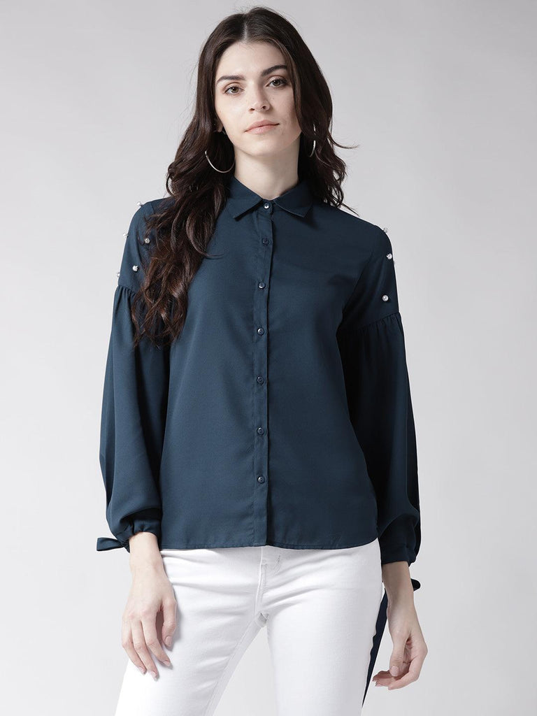 Women Navy Blue Contemporary Fit Solid Casual Shirt-Shirts-StyleQuotient