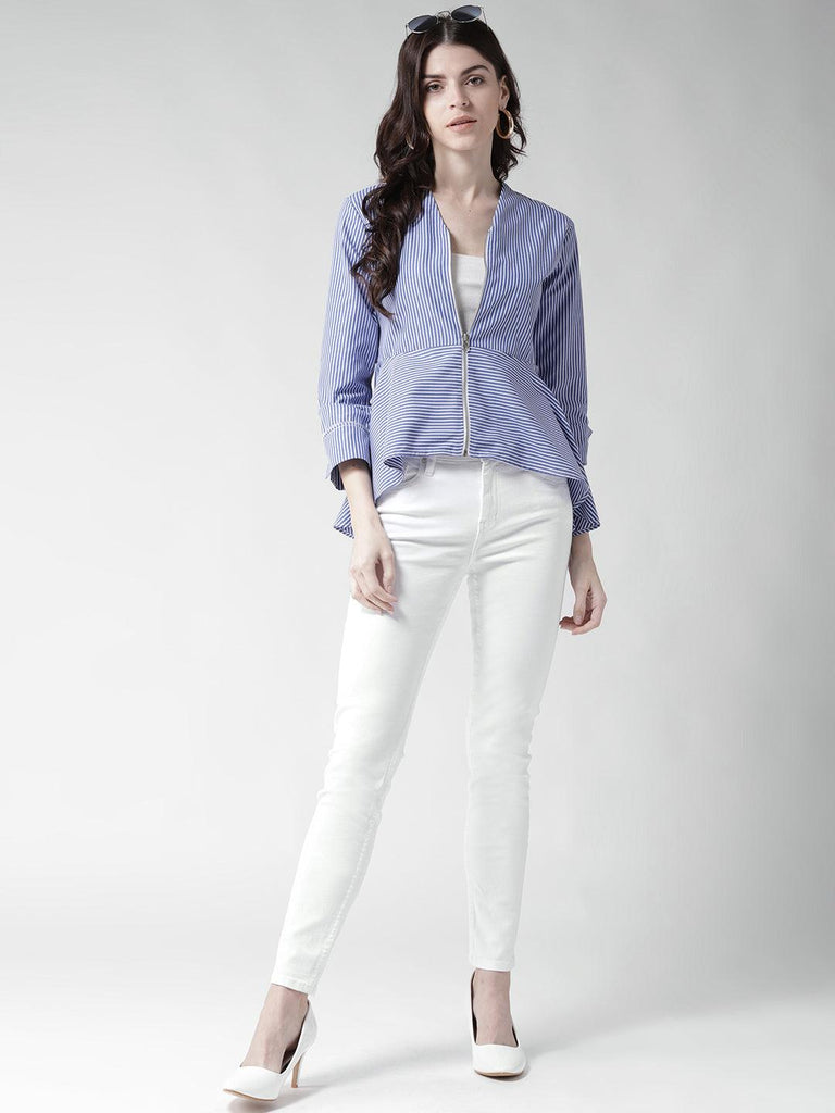Women Blue & White Striped Tailored Jacket-Jackets-StyleQuotient