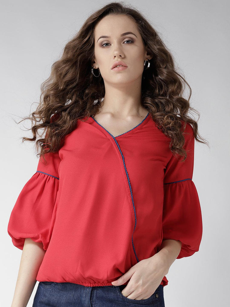 Women Red Solid Blouson Top-Tops-StyleQuotient