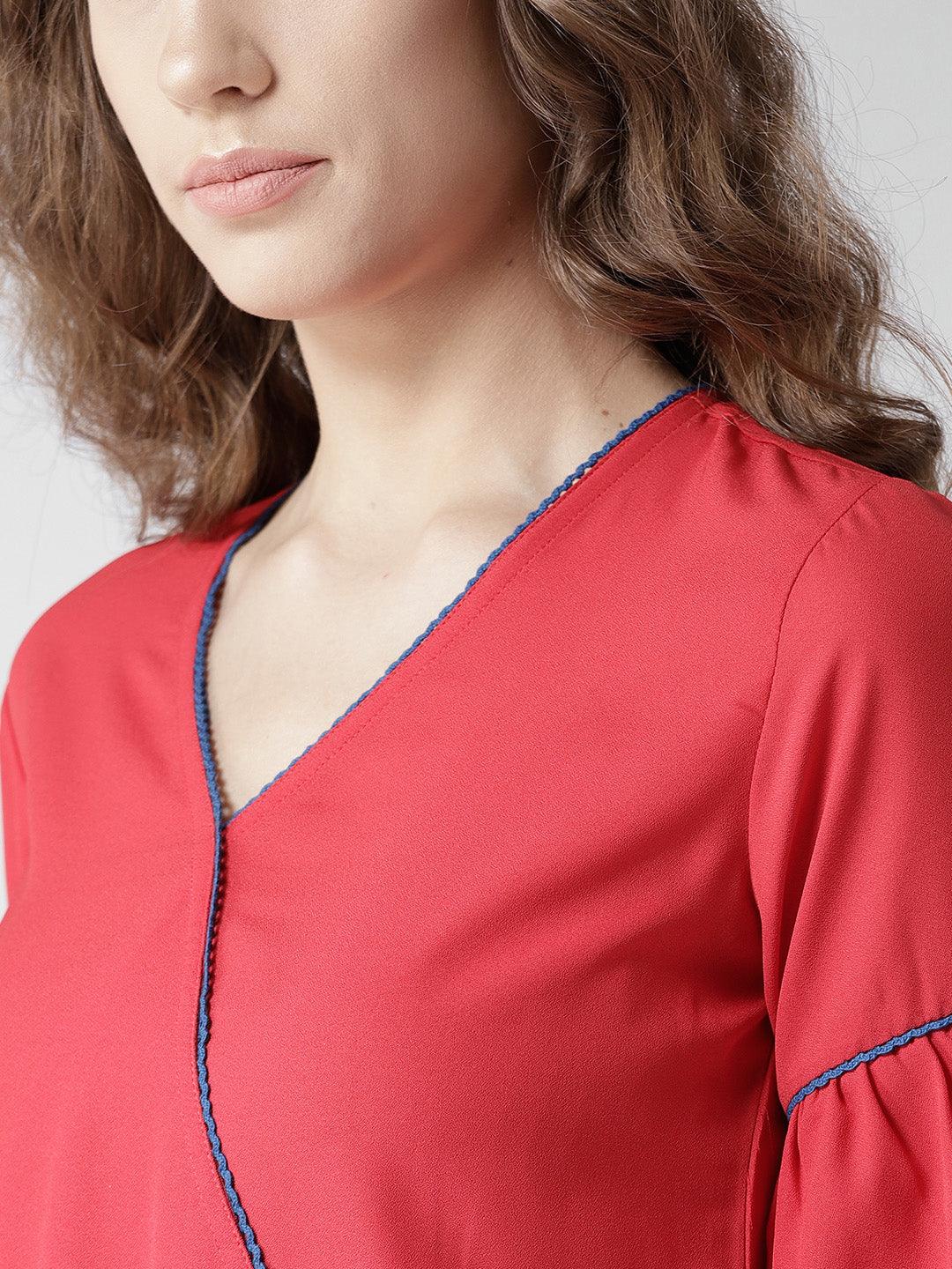 Women Red Solid Blouson Top-Tops-StyleQuotient