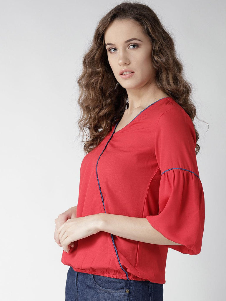 Women Red Solid Blouson Top-Tops-StyleQuotient