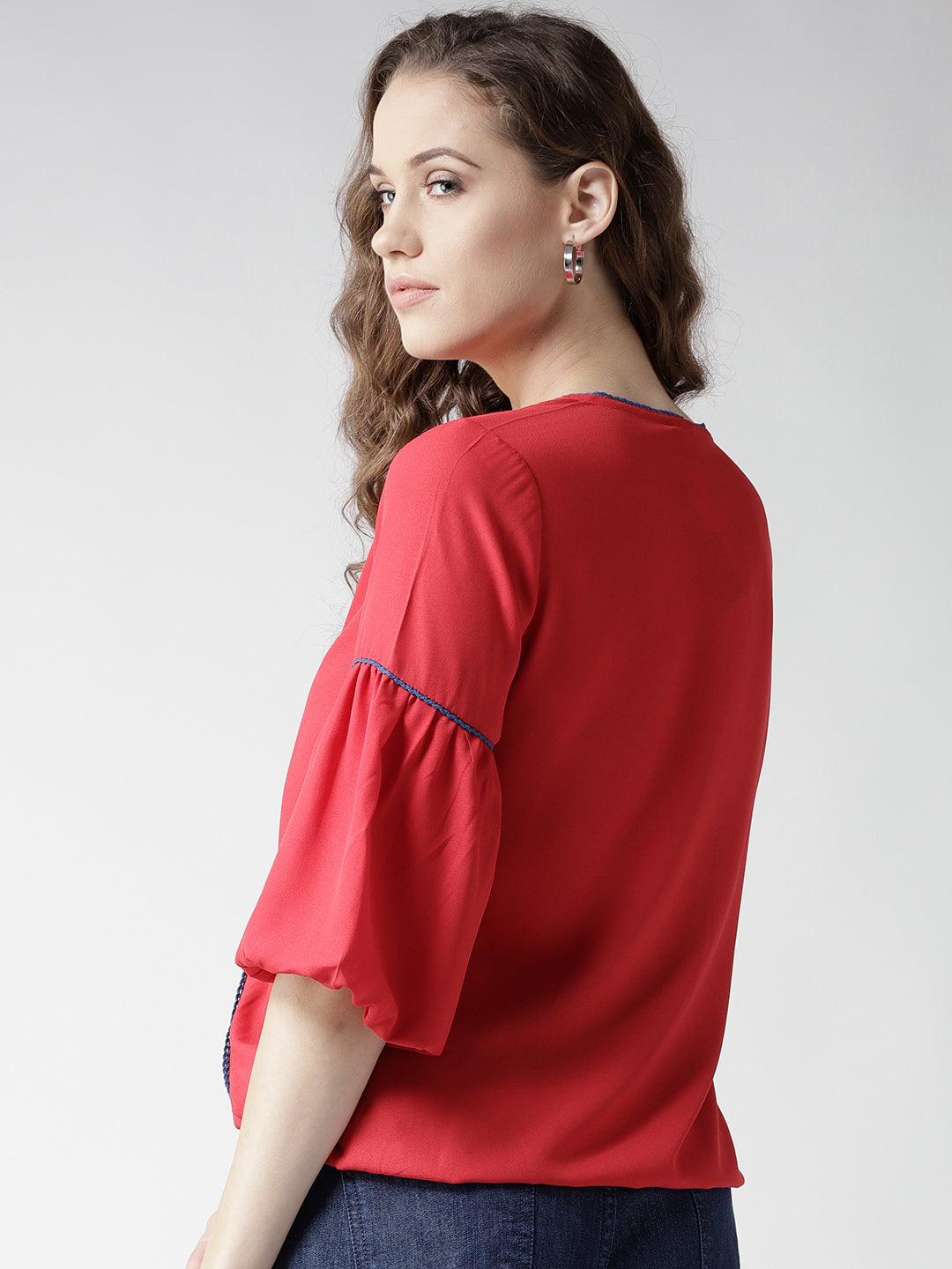 Women Red Solid Blouson Top-Tops-StyleQuotient