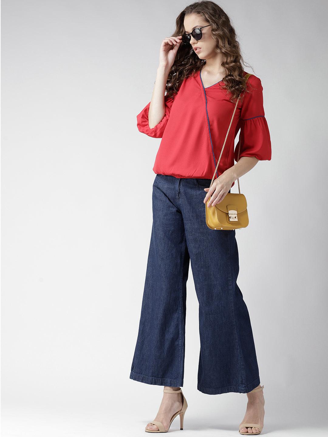 Women Red Solid Blouson Top-Tops-StyleQuotient