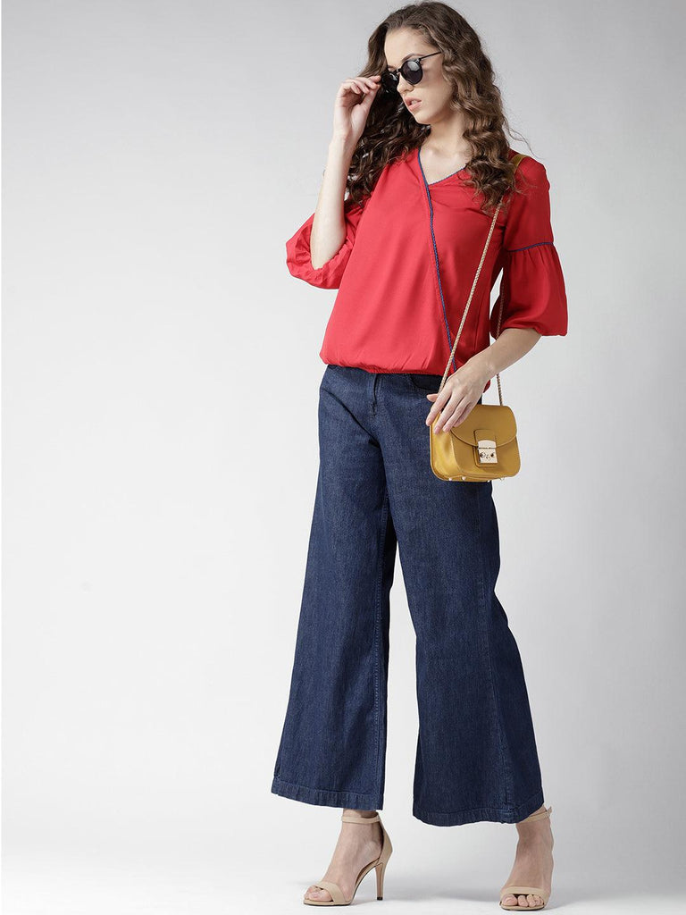 Women Red Solid Blouson Top-Tops-StyleQuotient