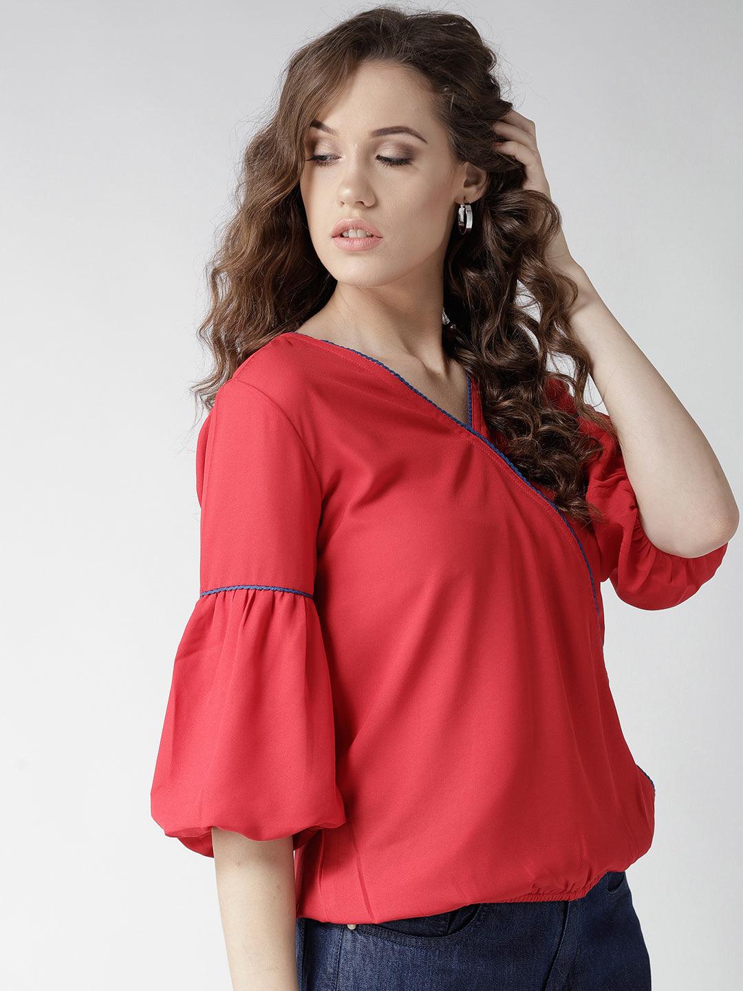 Women Red Solid Blouson Top-Tops-StyleQuotient