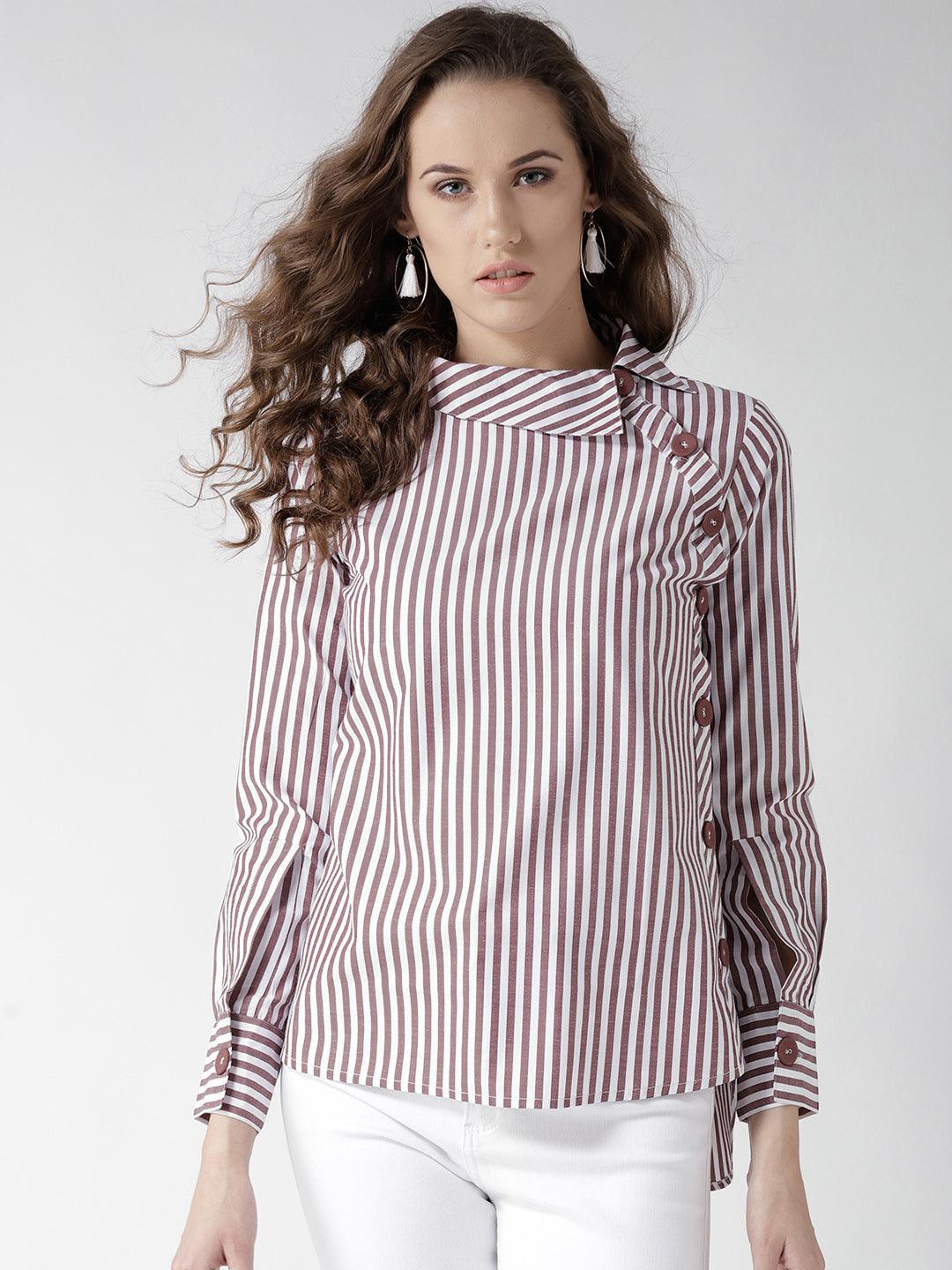 Women White & Brown Striped Shirt Style Top-Tops-StyleQuotient